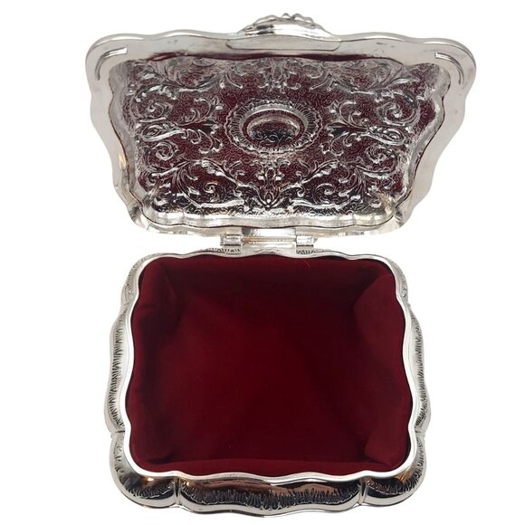 Godinger Silverplated Baroque Jewelry Box W/ Red Velvet Interior Victorian Style - Picture 4 of 9